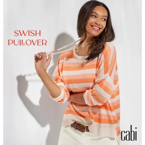 CAbi Sweaters - Cabi Swish Linen Blend Pullover Light Sweater Orange Striped Large Boxy Beachy